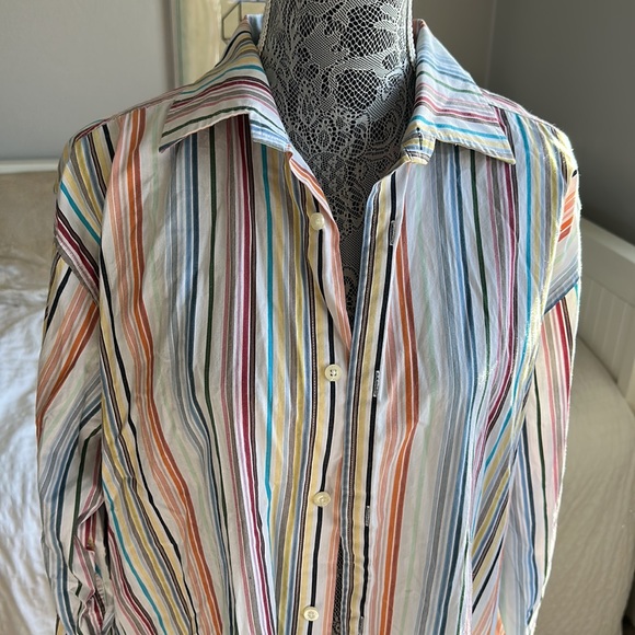 Y2K Colorful Striped Cubavera button down Cotton Top. - Picture 2 of 5